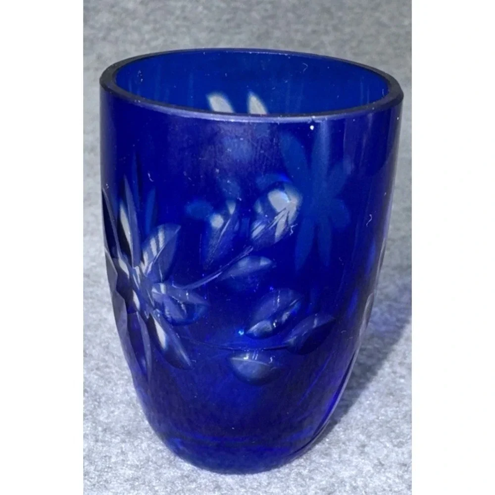 Vintage Bohemian Cobalt Blue Cut Glass Decanter w Stopper & Matching Cordial Gla